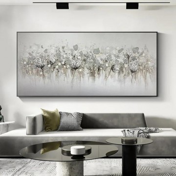 150の主題の芸術作品 Painting - パレットナイフによるホワイトグレーのケシの花束の壁の装飾